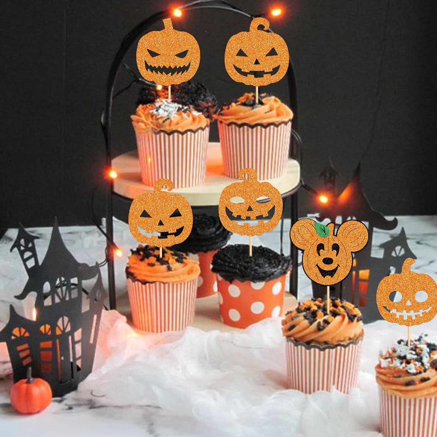 Ercadio Paquete de 30 adornos de calabaza para cupcakes de Halloween con purpurina de terror de calabaza para cupcakes Jack-O-Lantern para temática