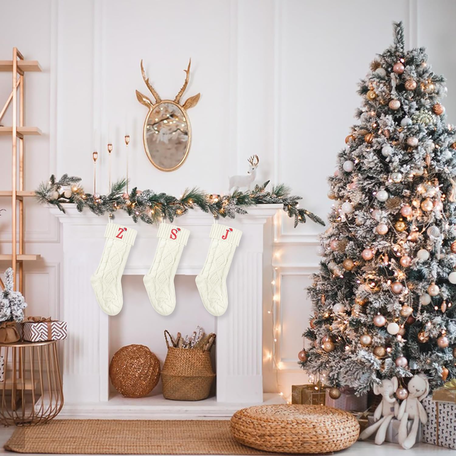 Monograma personalizado de calcetín de Navidad, calcetines de Navidad de punto blanco grande (R)