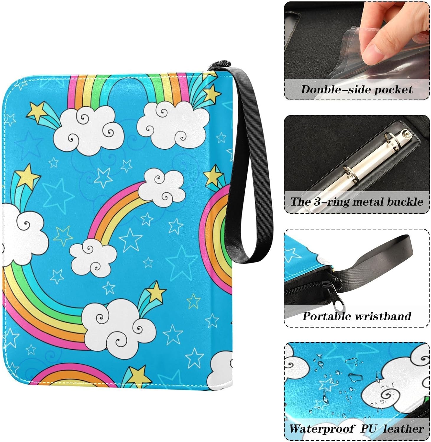 4 Pockets Trading Card Album Holder Book Folder Sports Card Binder Rainbow Blue Sky 400 Double Side Pockets for 3 Ring Binder Zipper