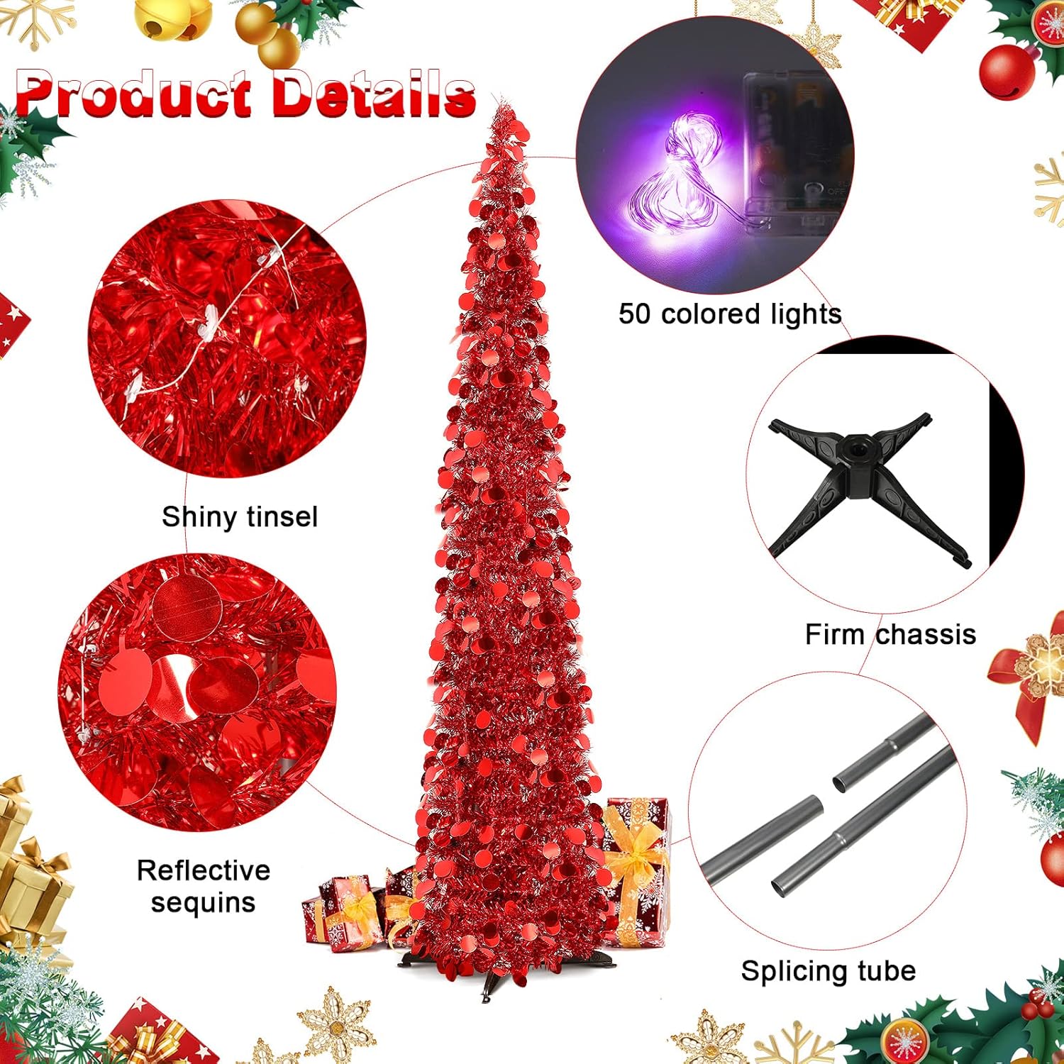 Árbol de Navidad de oropel desplegable de 5 pies con lentejuelas coloridas reflectantes, árbol de Navidad artificial delgado, plegable, árbol de