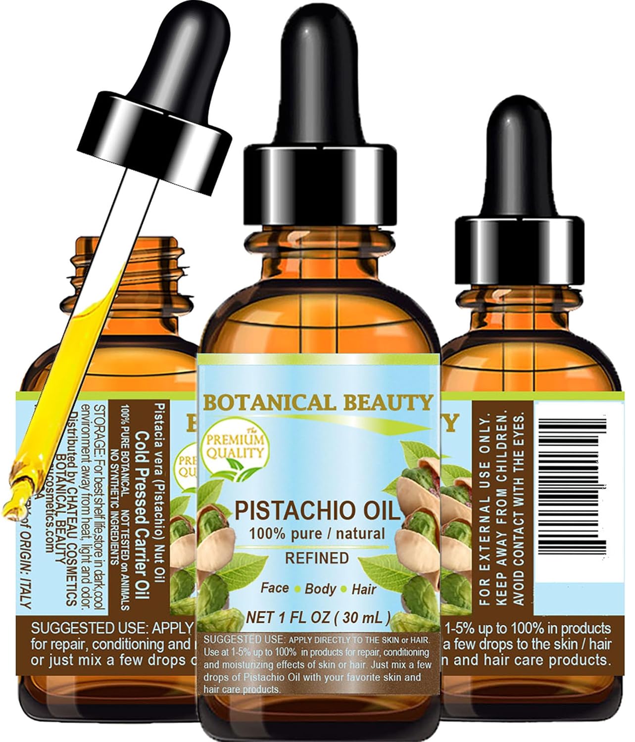 Aceite de PISTACHO Italiano Pistacia Vera 100% Puro Natural Refinado 1 Fl.oz.- 1.0 fl oz para Cara, Piel, Cuerpo, Cabello, Labios, Uñas. Rico en