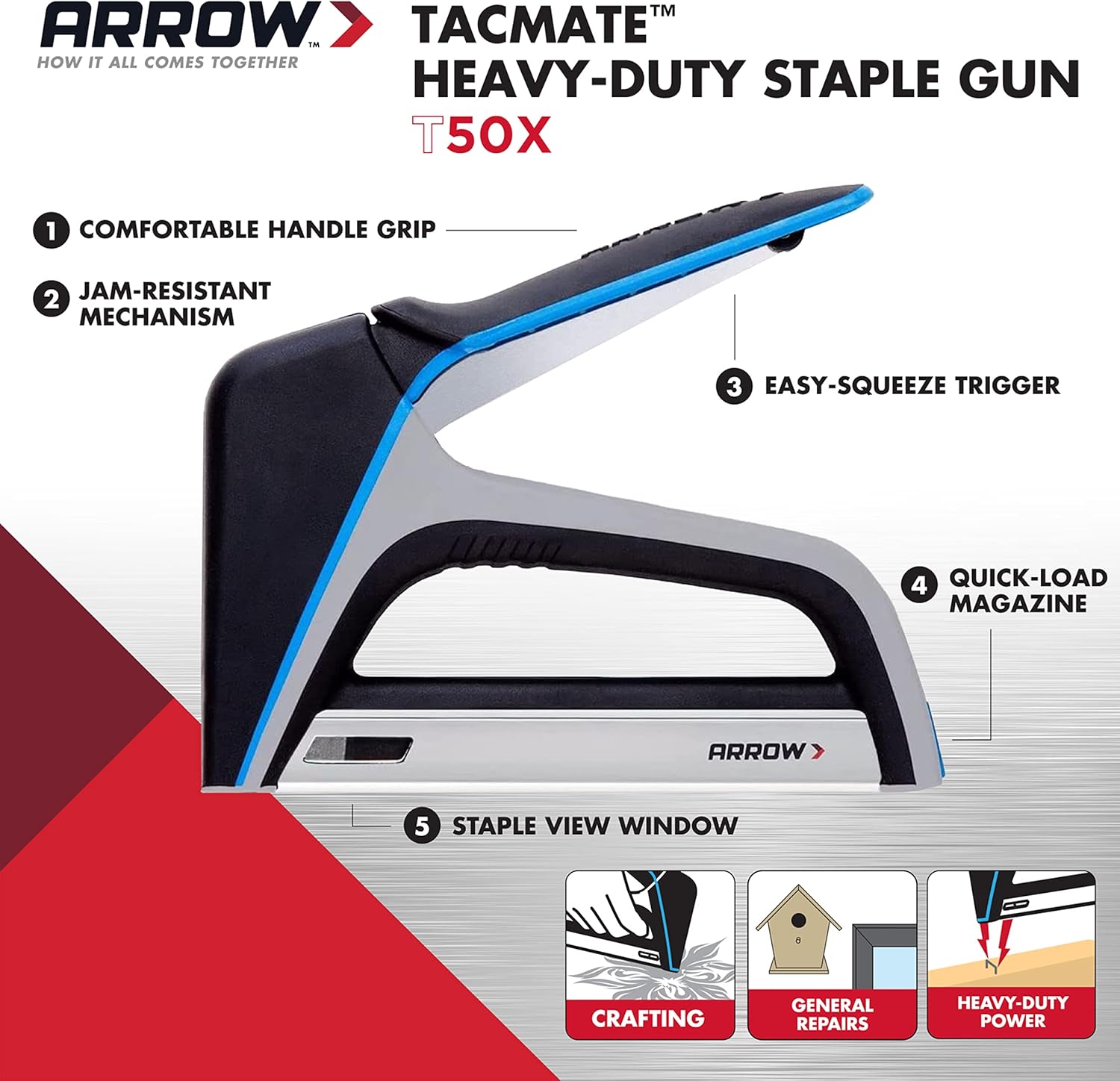Arrow T50X – Pistola de grapas resistente para tapicería, muebles, oficina, decoración, se adapta a grapas de 14″, 516″, 38″ o 12″