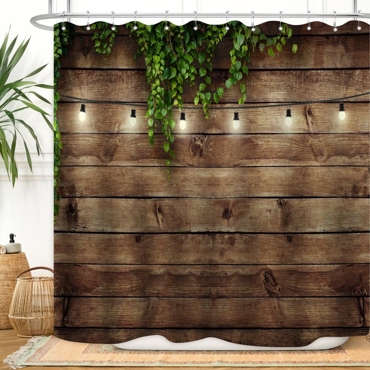 ZXMBF Cortina de ducha de madera rústica con hojas verdes sobre madera vintage, temática de la vida rural, tablones de grunge, puerta de casa de
