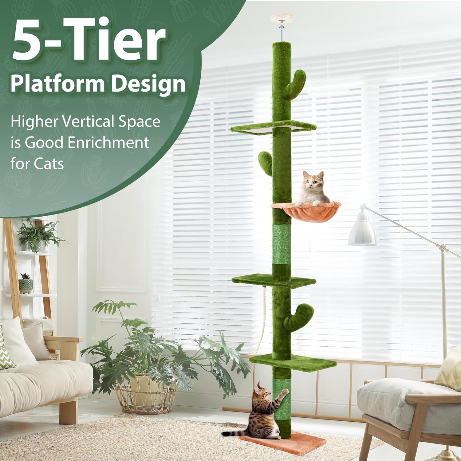 Árbol para gatos, árbol de cactus de 5 niveles para gatos del piso al techo, torre para gatos con hamaca acogedora, altura ajustable de 89-109