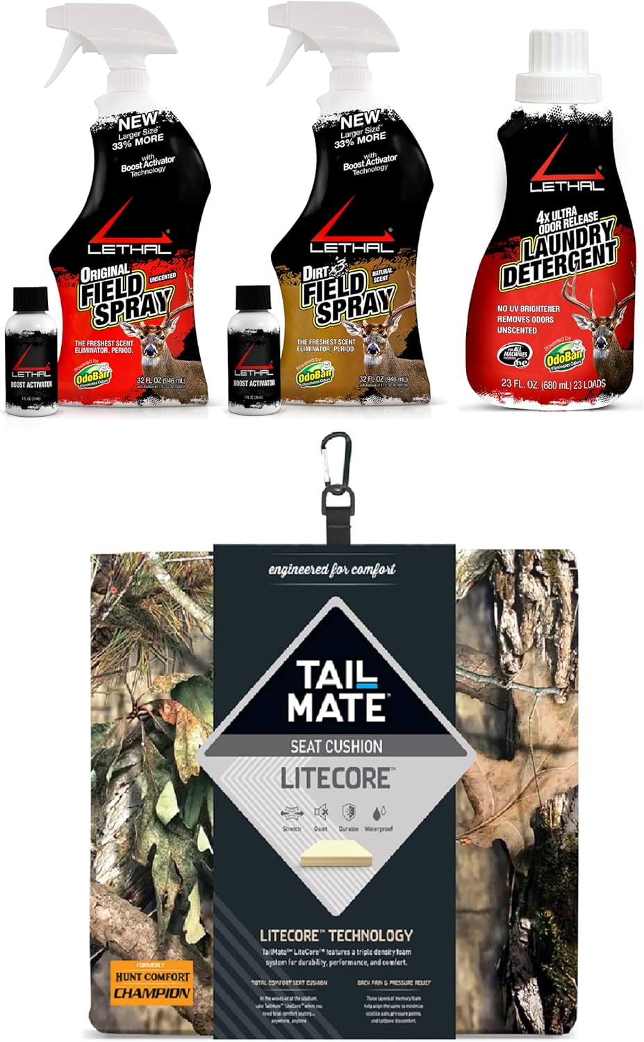 LETHAL Juego de detergente para ropa sucia con aroma y olor original de campo, con cojín para asiento de caza LiteCore Tail Mate