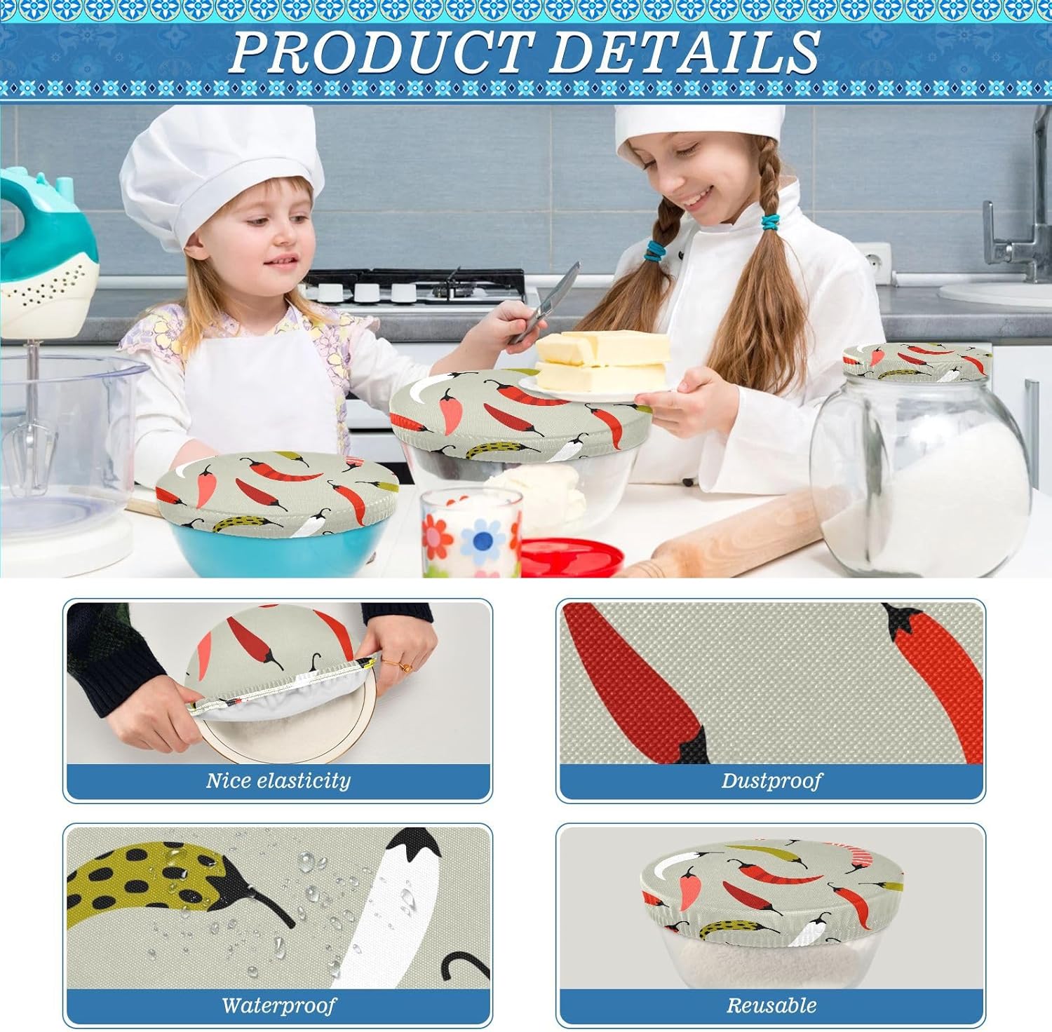 Chili Pepper 5PCS Reusable Elastic Bowl Covers for Food Storage Stretch Cloth Fabric Lids with 5 Different Sizes Waterproof Bowl Covers for Bread