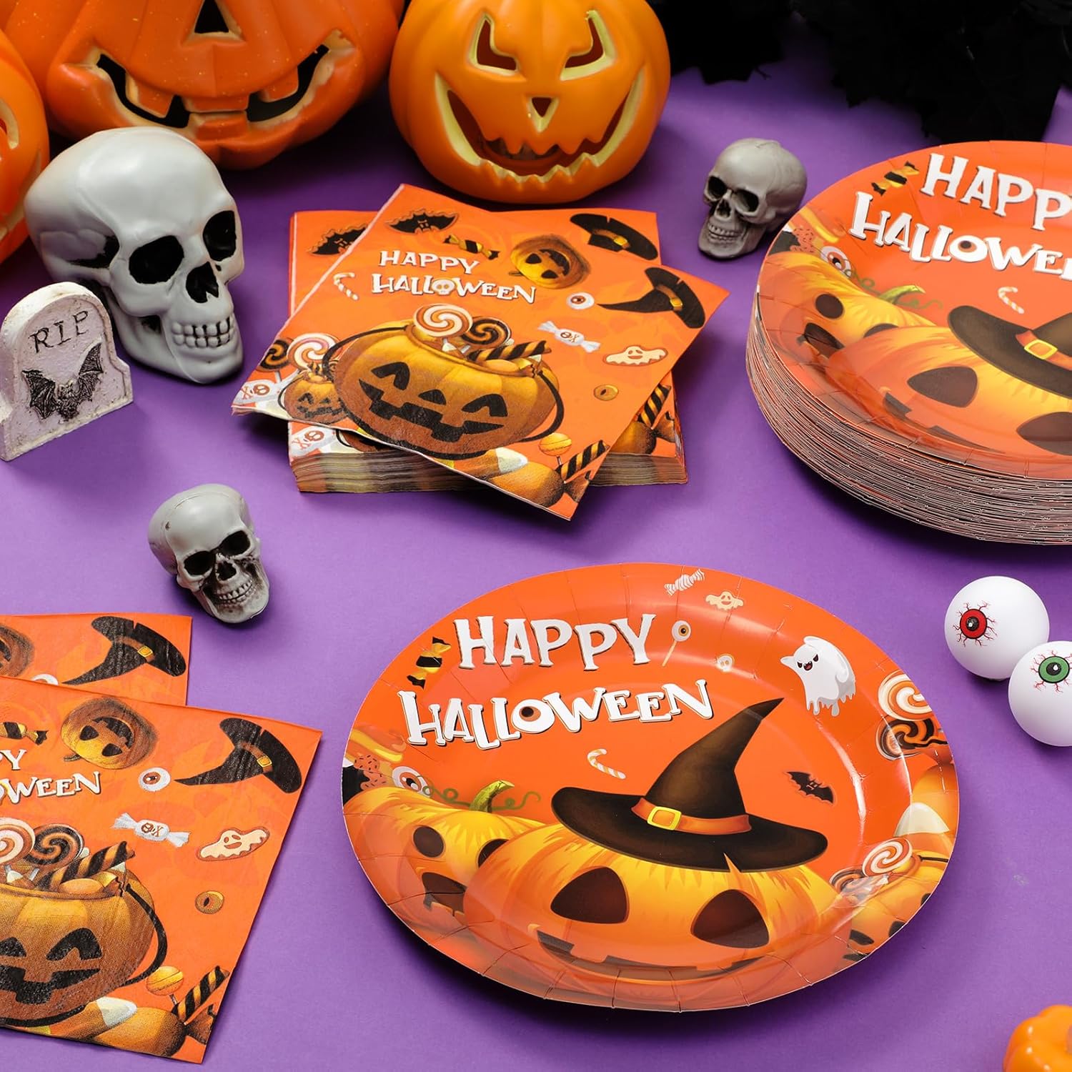 100 piezas de suministros para fiesta de Halloween, platos desechables, servilletas, cena, almuerzo, postre para decoración de fiesta de cumpleaños,