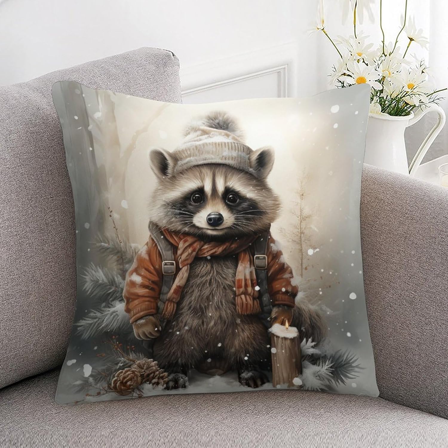 HighonHi Fundas de almohada decorativas de 26 x 26 pulgadas, lindas fundas de cojín de satén de dibujos animados de mapache de Navidad, nieve e