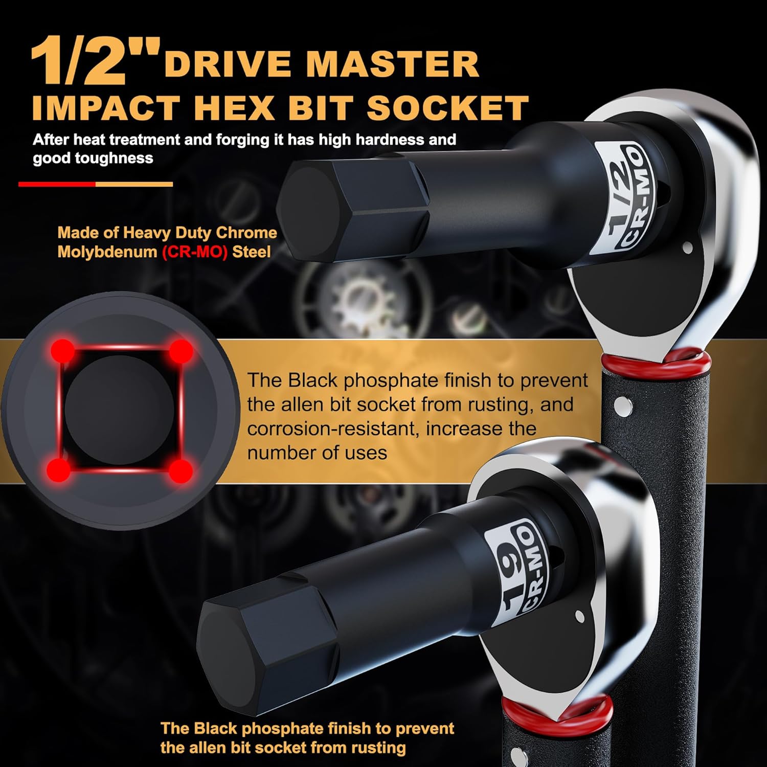 Juego de dados hexagonales Drive Master Impact de 12 pulgada, métrico y SAE, juego de 20 piezas de dados Allen de impacto de 12 pulgada, 0.197 in –