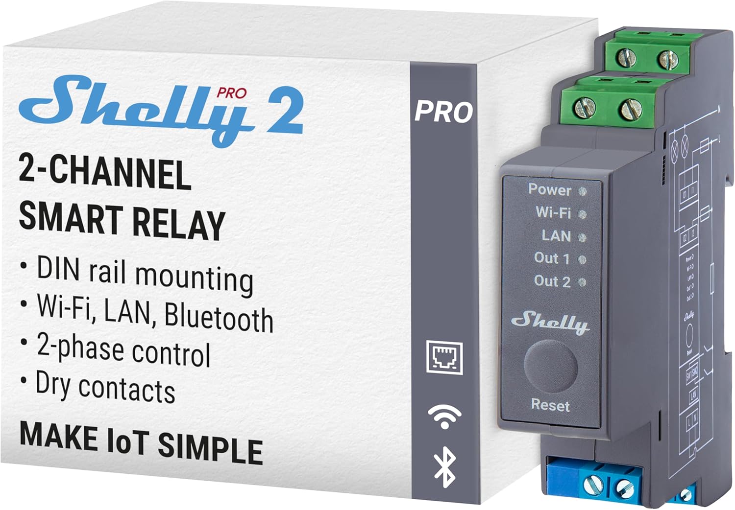 Shelly Pro 2  Relé inteligente de 2 canales Wi-Fi, LAN y Bluetooth  Automatización del hogar y las instalaciones  Compatible con Alexa y Google Home