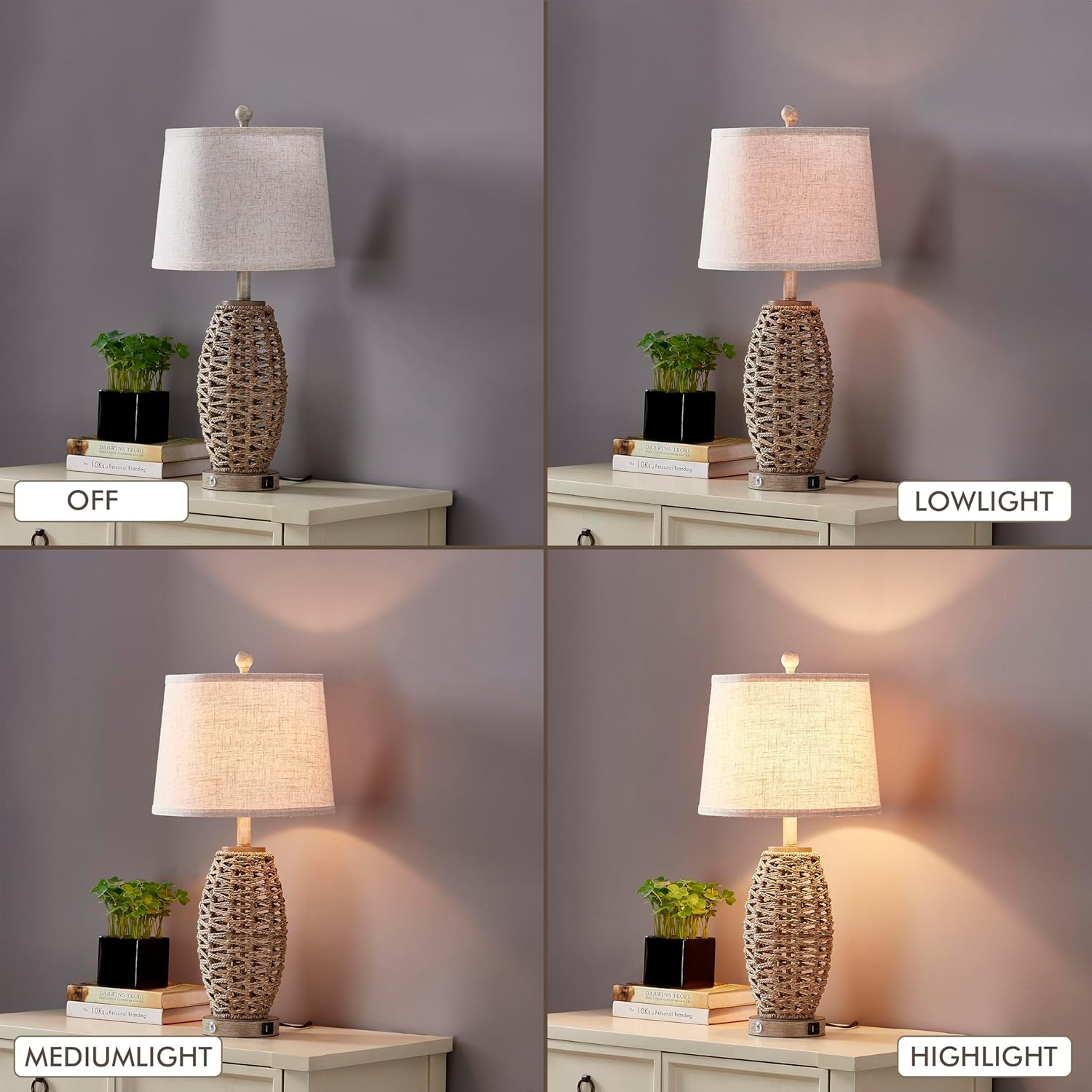 Juego de 2 lámparas de mesa de ratán natural de 27 pulgadas, interruptor táctil, lámparas de noche regulables de 3 vías, con puertos de carga USB