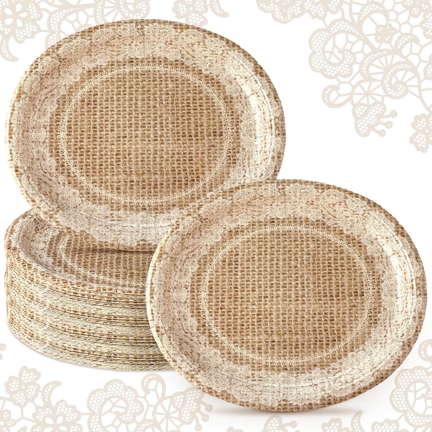 Tioncy 100 platos ovalados desechables de encaje de arpillera, decoraciones de fiesta de despedida de soltera, 10 x 12 pulgadas, platos de papel