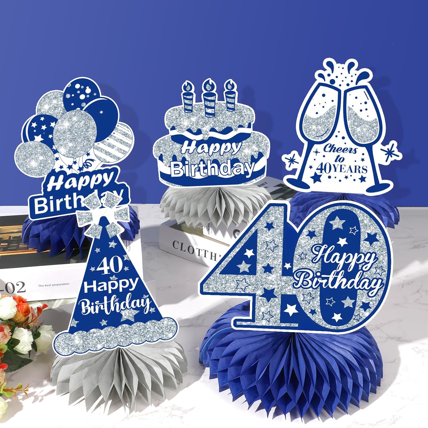 8 piezas de decoración azul para cumpleaños 40, color azul marino y plateado, centros de mesa de nido de abeja para decoración de mesa, decoración