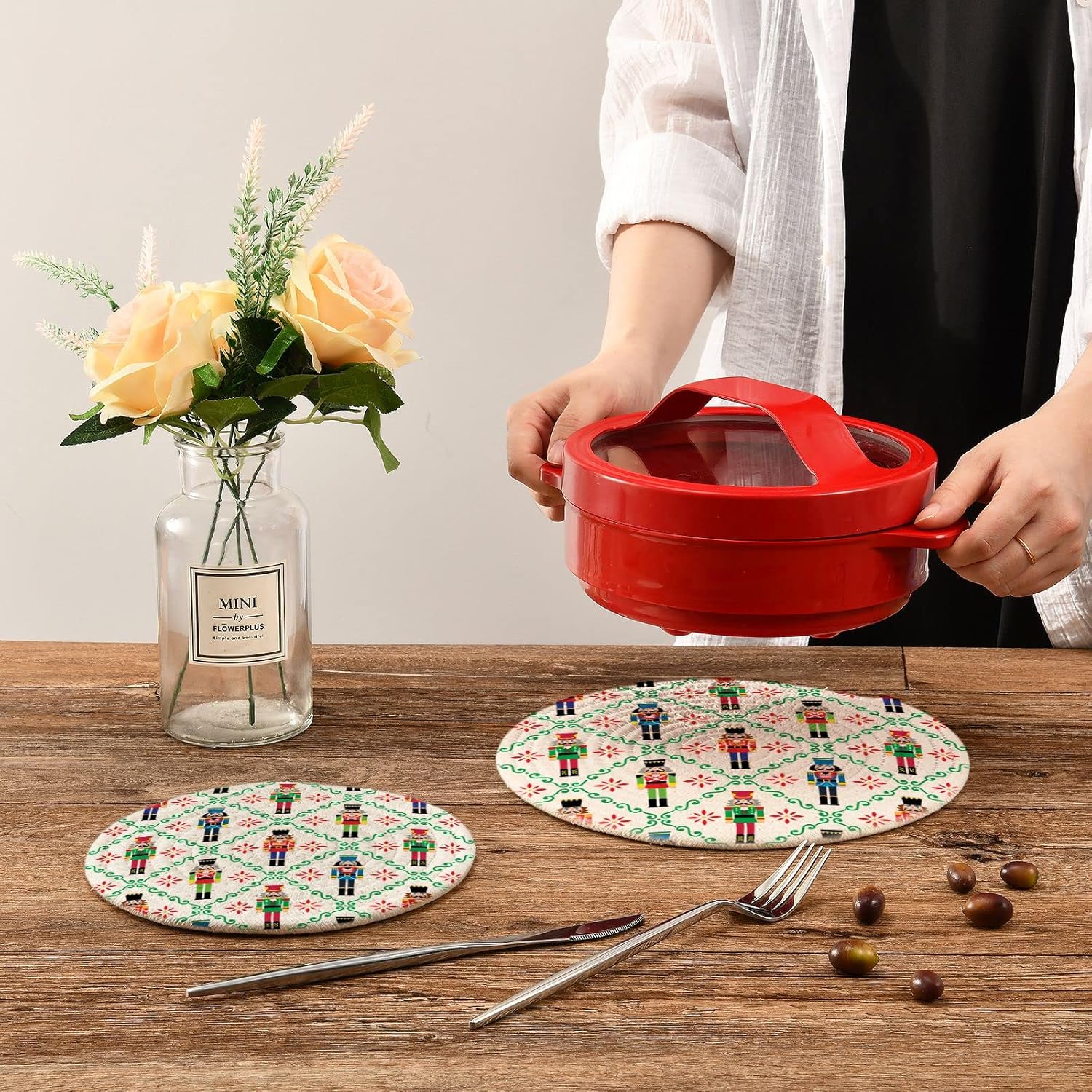 Juego de 2 soportes para ollas de cocina de soldado de Navidad, juego de salvamanteles de Navidad, 100% algodón, tejido de hilo redondo,
