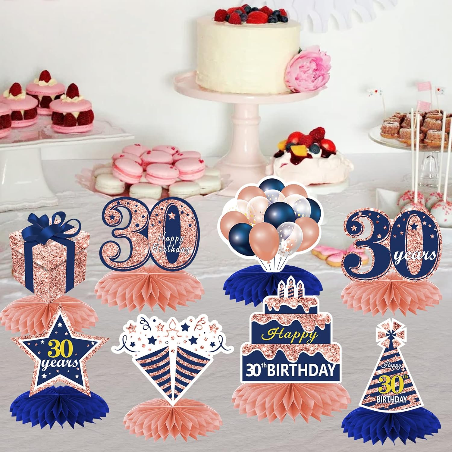 Turypaty Decoraciones de 30 cumpleaños color oro rosa, azul marino, centros de mesa de panal de abeja, 8 piezas de centros de mesa de cumpleaños de
