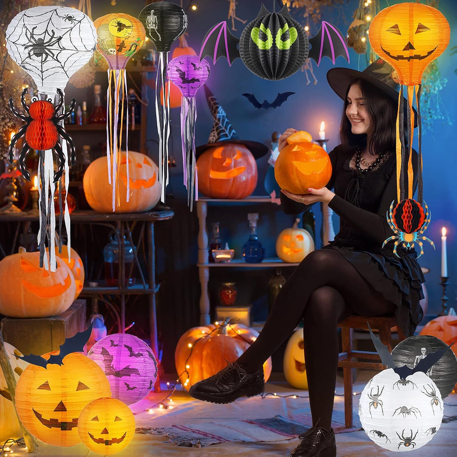 48 linternas de papel de decoración de Halloween, faroles de papel de esqueleto de calabaza, calcomanías de pared de murciélago 3D, arañas para
