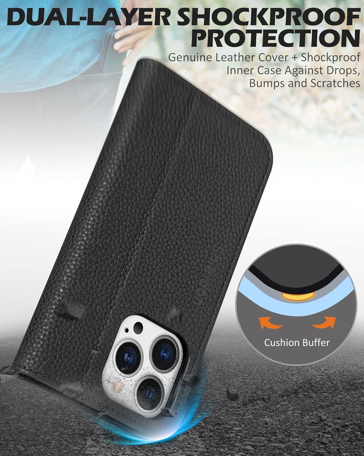SHIELDON Funda para iPhone 13 Pro 5G 2021, funda de piel auténtica, soporte para tarjetas, bloqueo RFID, funda magnética a prueba de golpes,