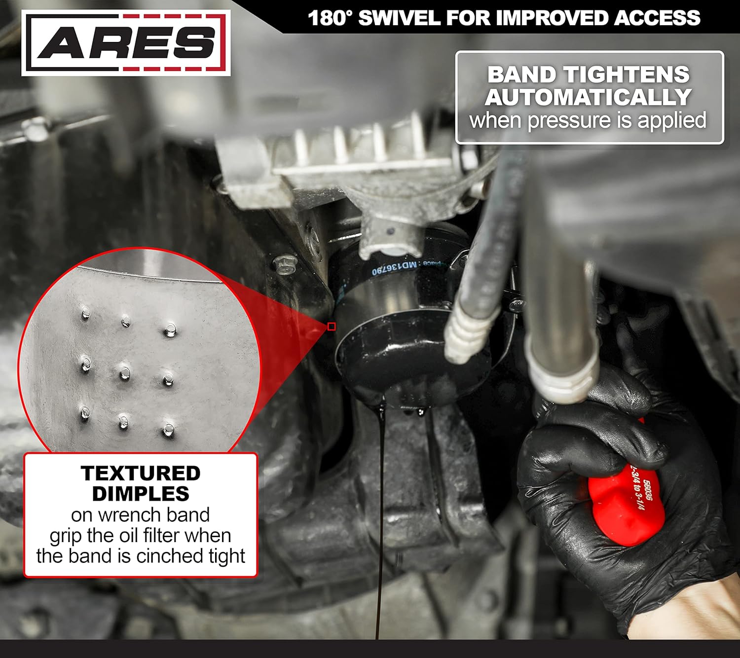 ARES 56065 – Juego de 4 llaves giratorias para filtro de aceite con bolsa de almacenamiento  Llaves de 2 34 pulgadas a 5 14 pulgadas (2.756 in a
