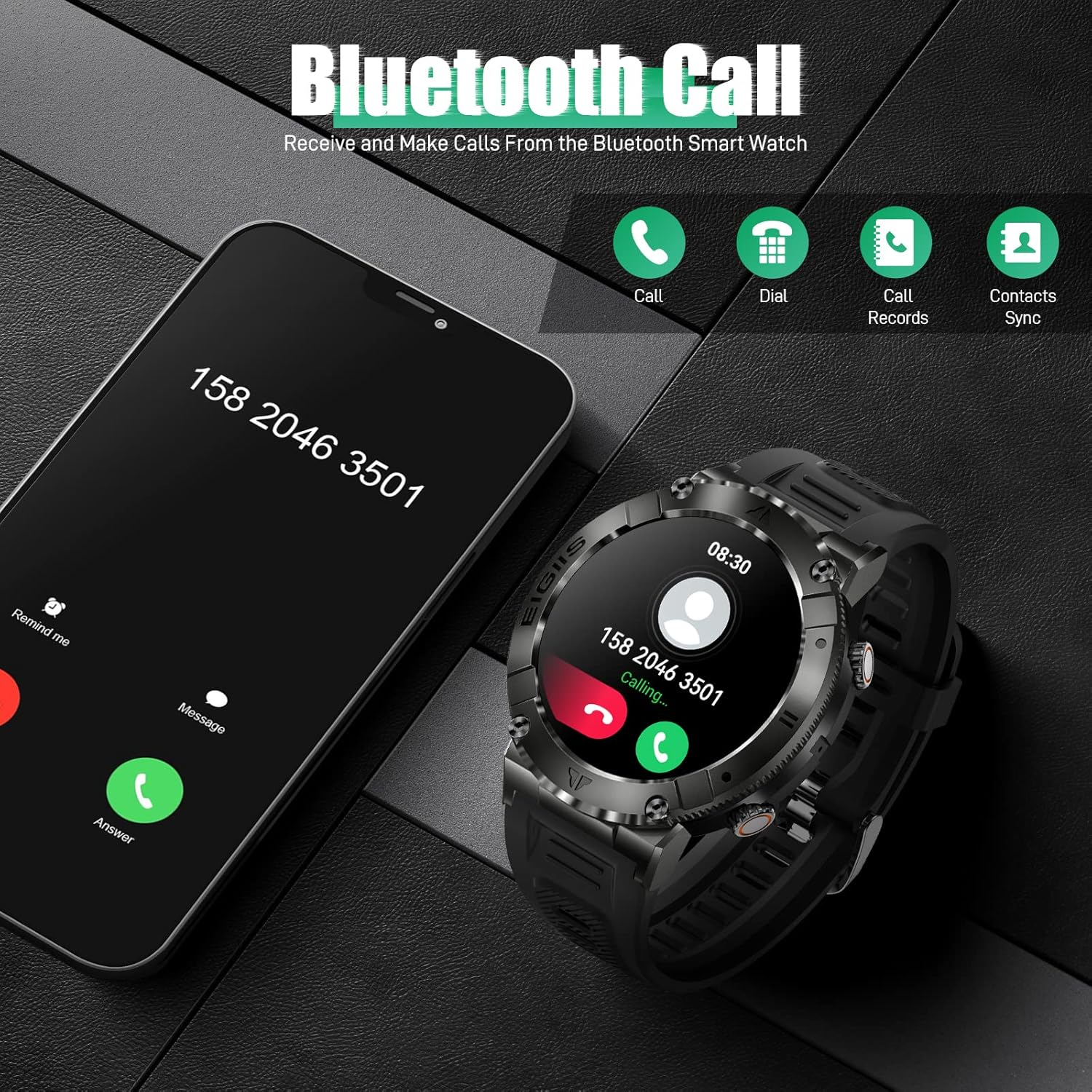 Reloj inteligente para hombre (recepción de llamadasmarcación), reloj inteligente táctico HD resistente de 1.32 pulgadas para exteriores, reloj