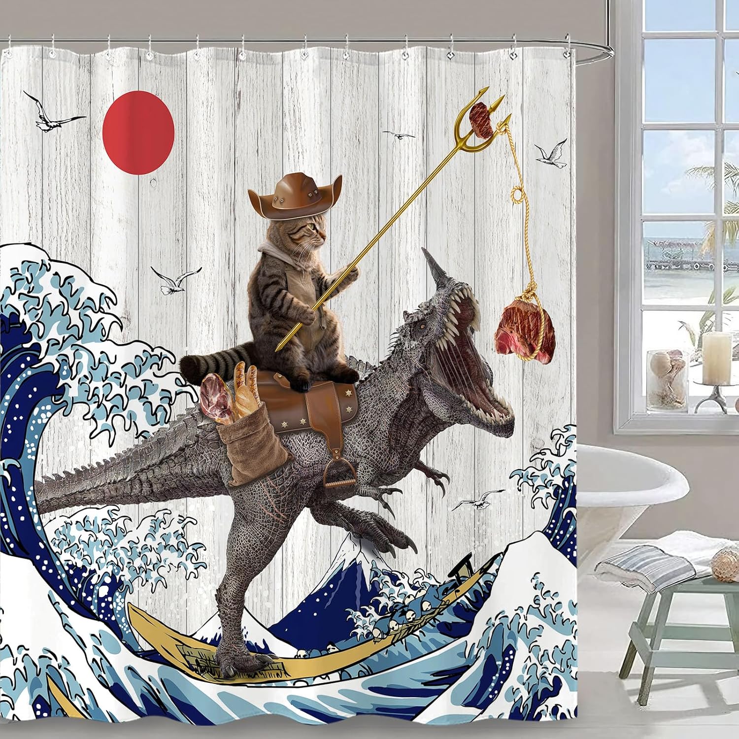 Fowocu Divertida cortina de ducha de dinosaurio con diseño de gato japonés con ondas oceánicas, cortinas de ducha de tela impermeable para baño de