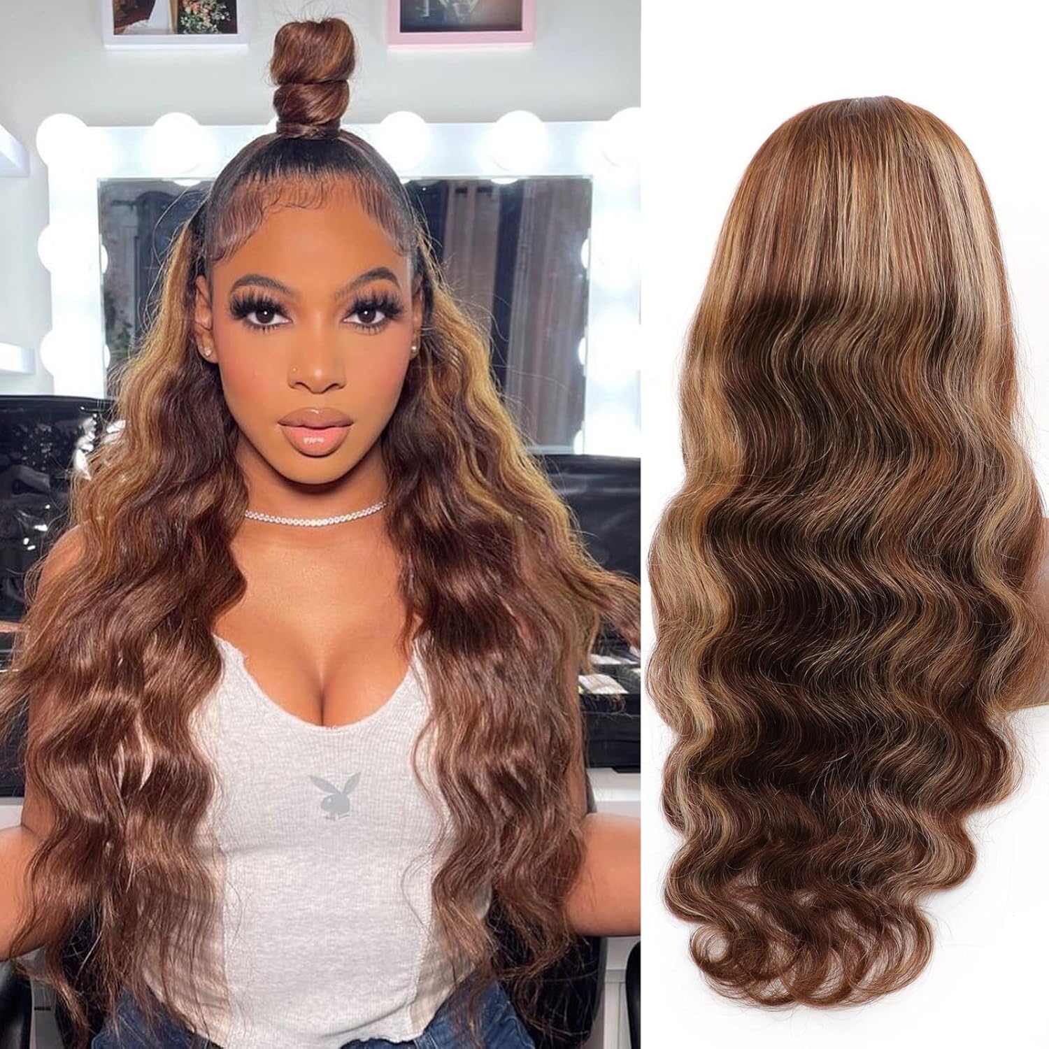 BLY Pelucas de cabello humano con encaje frontal transparente HD de 13 x 4, densidad del 250 %, peluca de cabello humano con reflejos degradados, 24