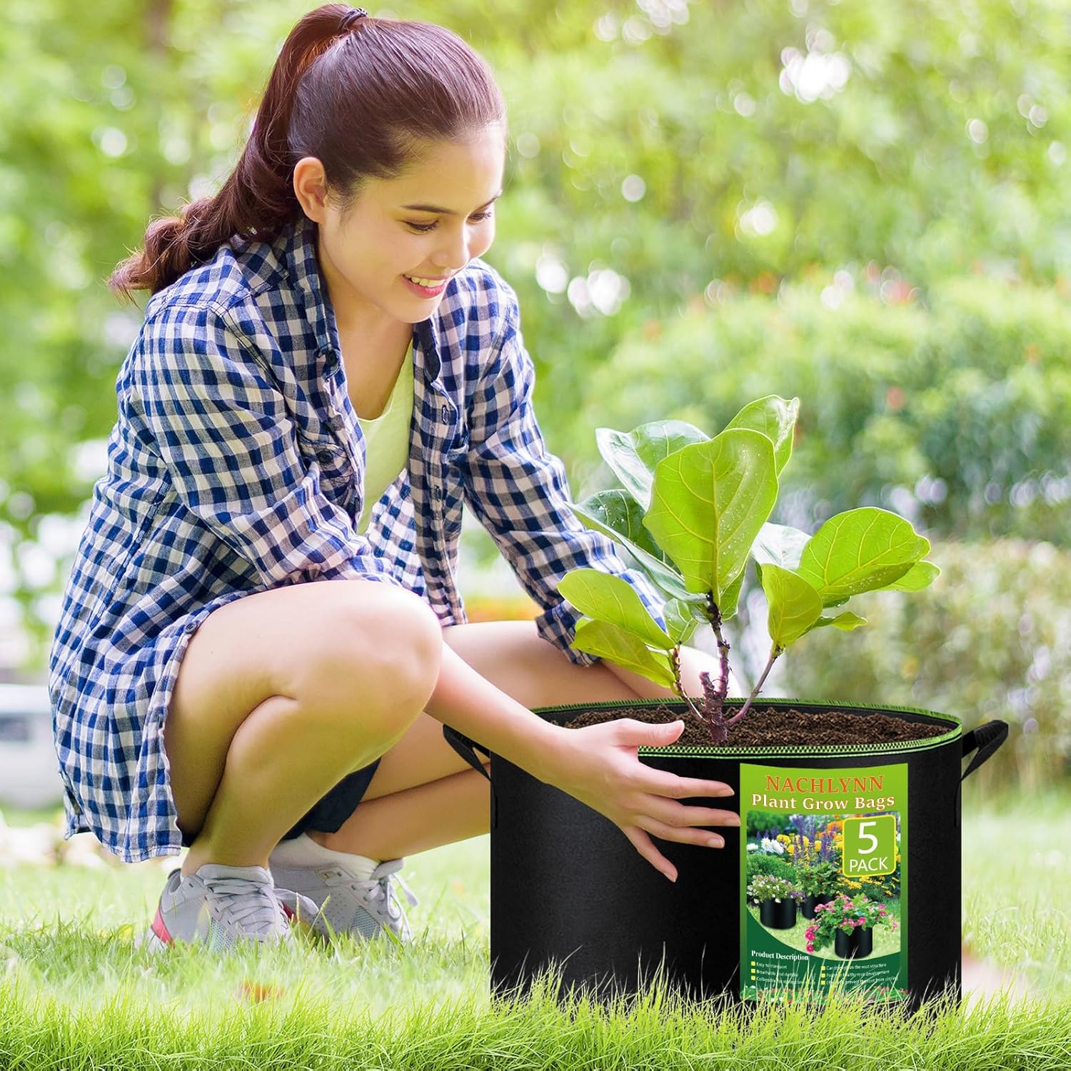 Paquete de 5 bolsas de cultivo de 15 galones, macetas de tela no tejida gruesa con asas para plantas para jardinería, frutas, flores, plantas