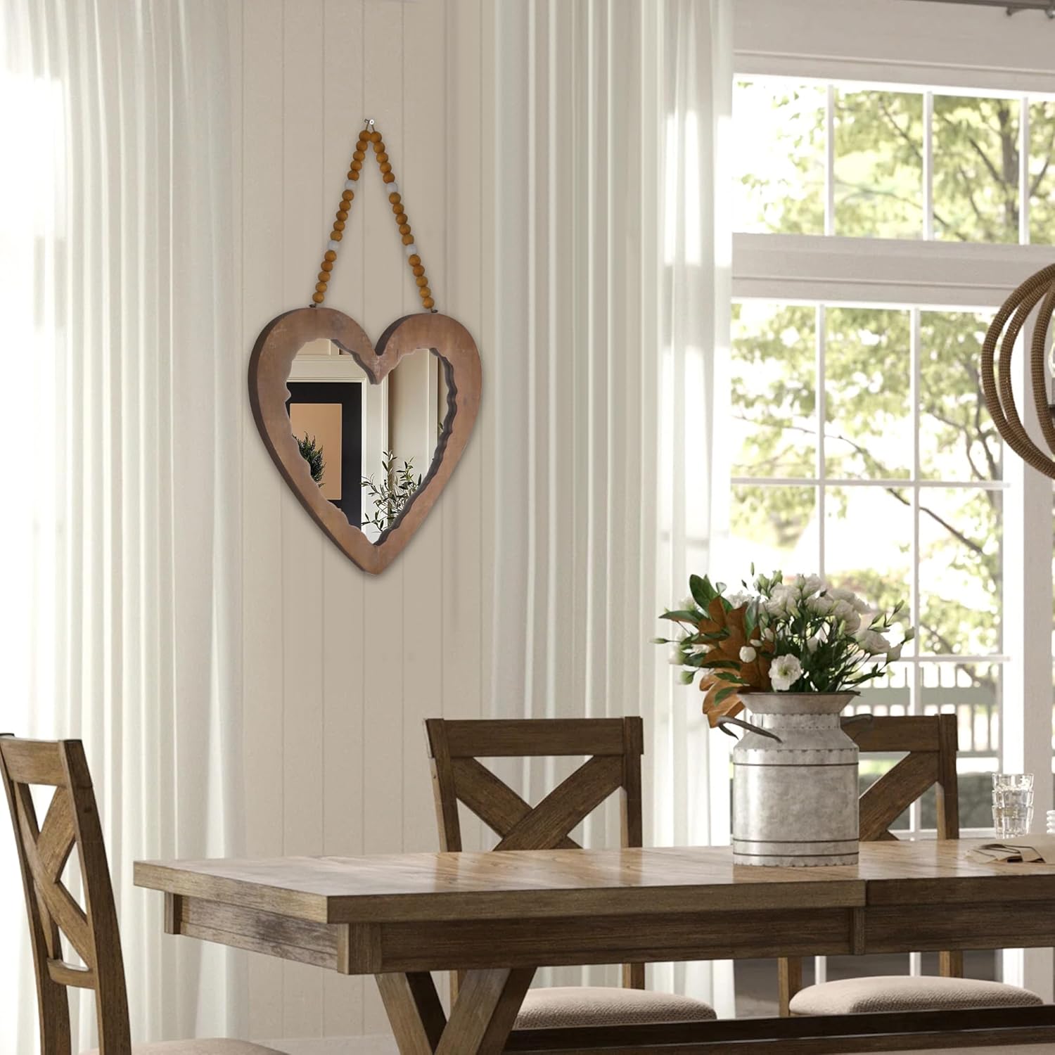 Espejo de corazón con cadena de cuentas para decoración de pared, espejo colgante en forma de corazón de madera, hermoso espejo decorativo rústico