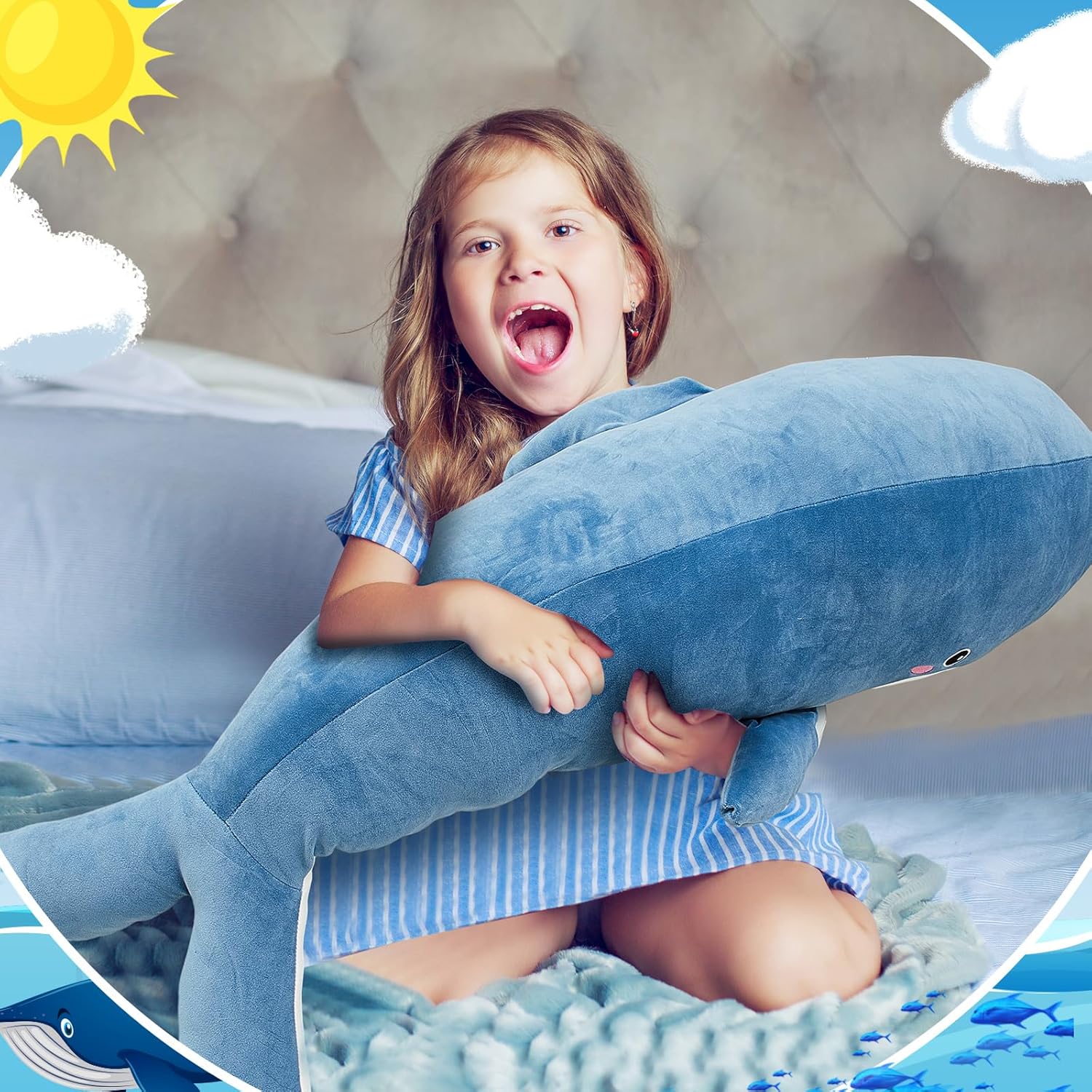 Muñeco de ballena de 47.2 pulgadas con diseño de ballena grande y delfín, lindas almohadas decorativas grandes, almohada de peluche de ballena de