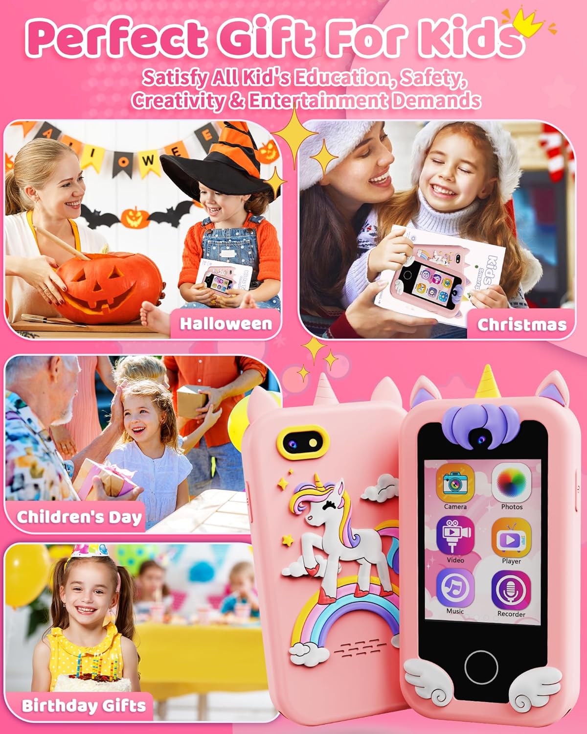 Juguete de teléfono inteligente para niños de 3, 4, 5, 6 años, regalos de unicornio, reproductor de música MP3, juguetes de viaje de doble cámara
