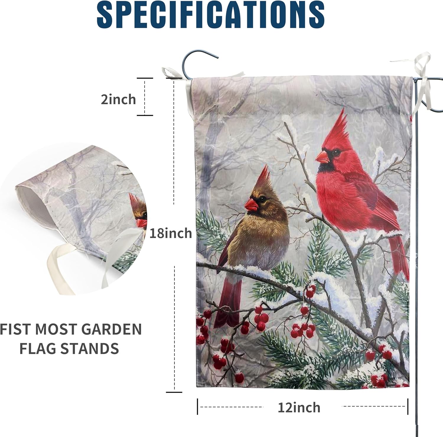 Banderas de jardín de pájaros cardenales de invierno, pancartas de Navidad para exteriores, de 12 x 18 pulgadas, de doble cara, pájaros rojos en