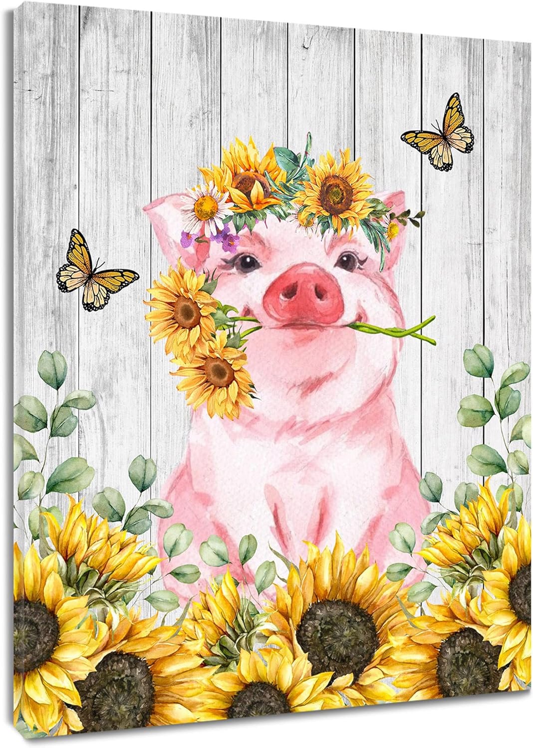 HVEST Arte de pared de girasol de cerdo, lindo cerdo y girasoles con mariposa en tablero rústico, pintura abstracta, lienzo de granja para baño,