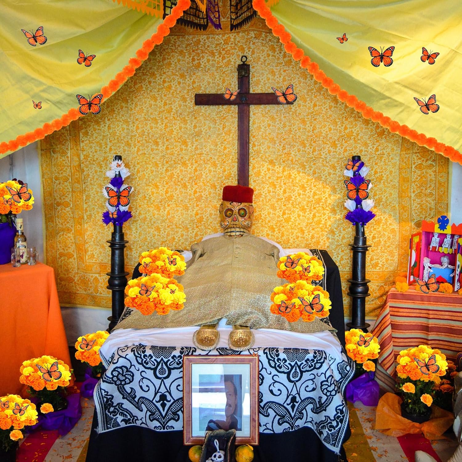 120 piezas de decoración del Día de los Muertos, flores artificiales de caléndula de seda con tallos, mariposas monarca falsas para Diwali Dia De