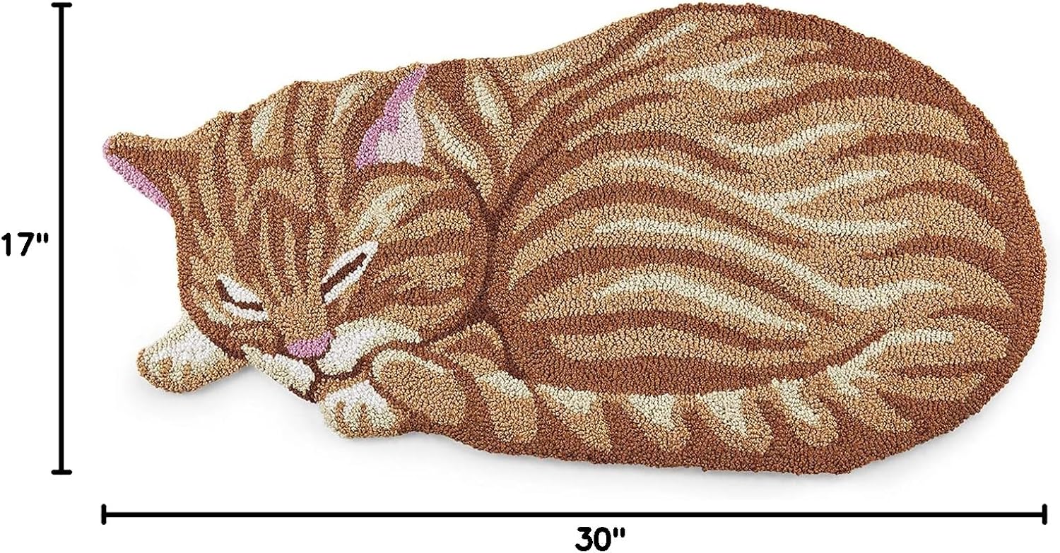 Alfombra de gato enganchada a mano  Tapete de acento en forma de atigrado naranja  Bonita alfombra de área de gatito durmiendo  Lavable a máquina