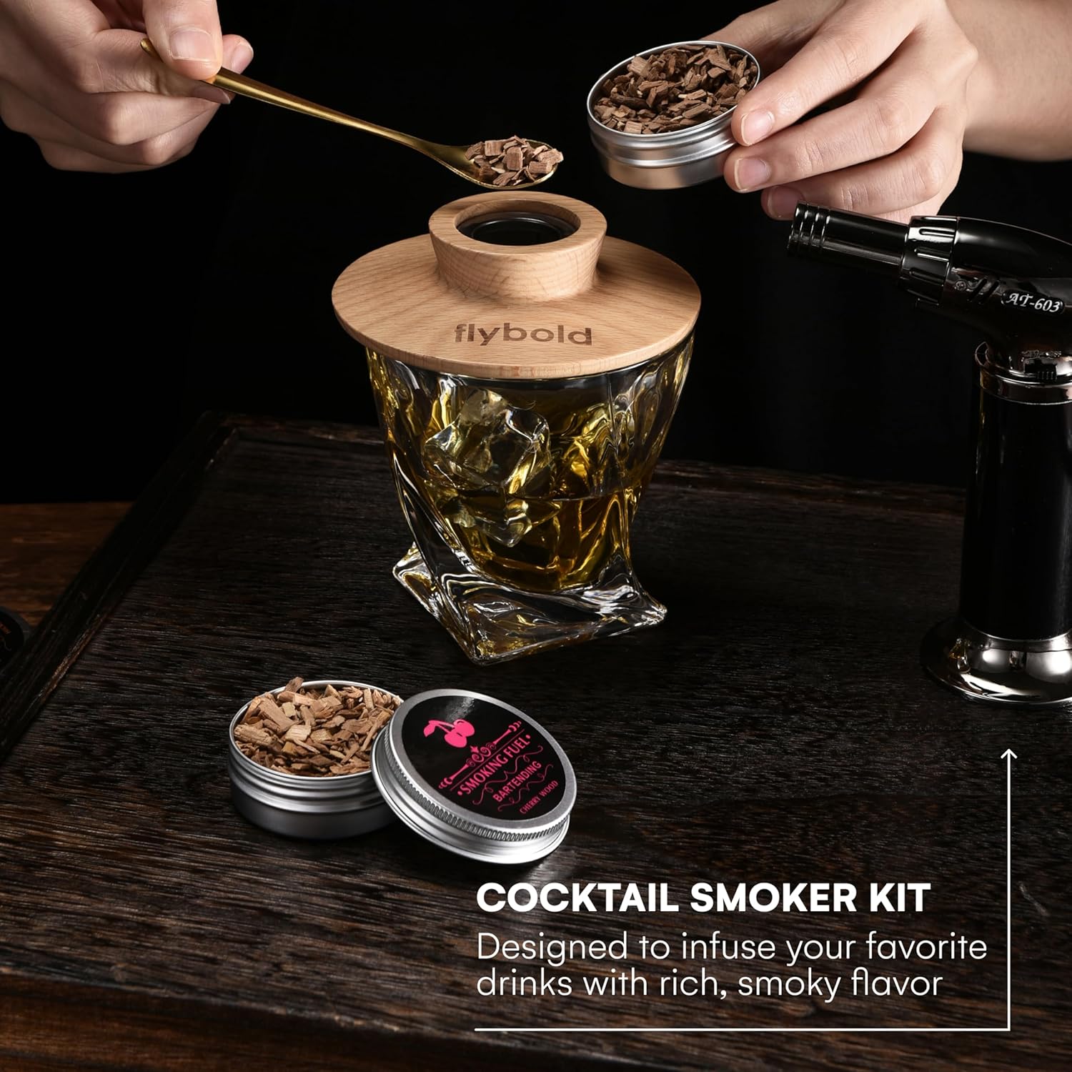 Flybold Kit de ahumador de cóctel con antorcha, kit de infusor de ahumador de bebidas antiguas, cóctel de acero inoxidable, kit de ahumador de