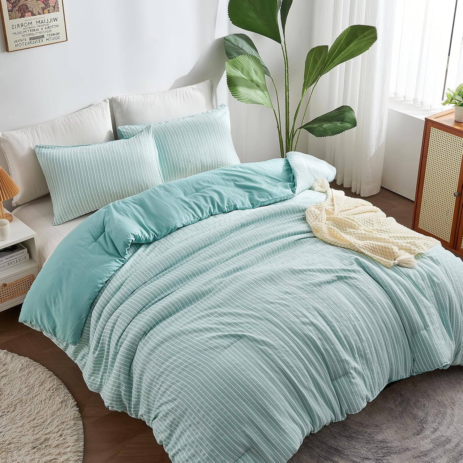 ENCOFT Edredón tamaño Queen, edredón de 3 piezas con textura de espuma de mar verde para cama tamaño Queen, juego de edredón bohemio de microfibra