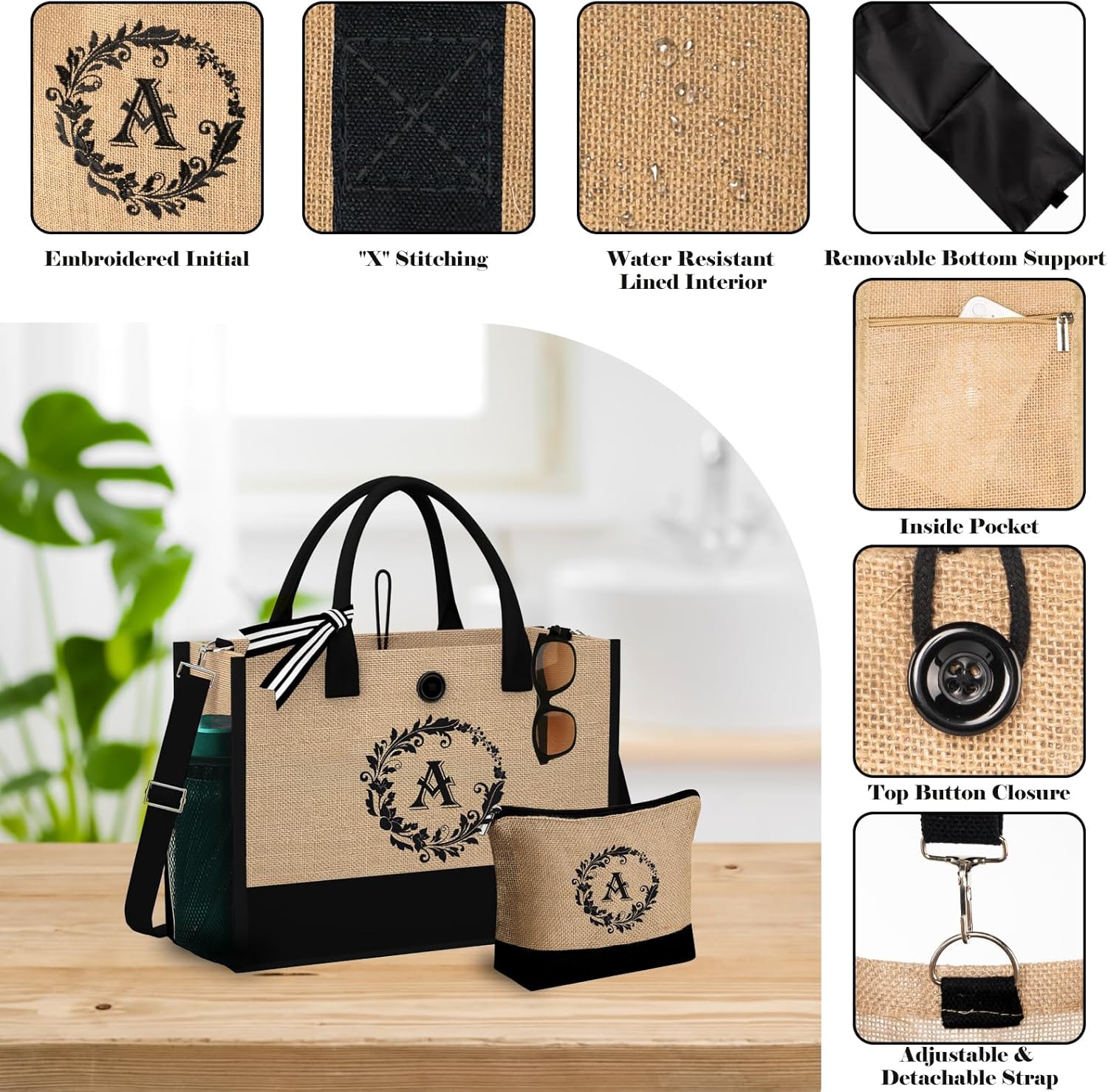 Regalos de cumpleaños para mujer  Bolsas de mano con inicial de yute y maquillaje con correa ajustable, bolsas de mano con monograma bordado