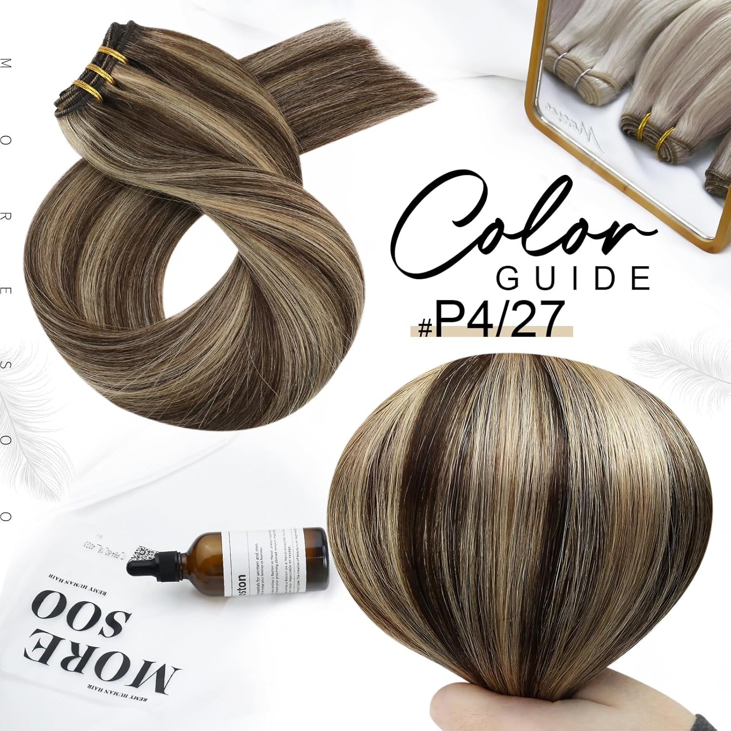 Moresoo – Extensiones de cabello humano real cosidas, extensiones de cabello humano Remy con doble trama, color marrón oscuro con rubio caramelo, 22