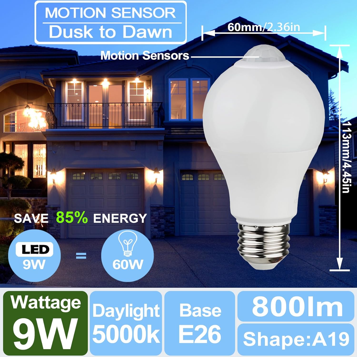 CICINY Bombillas con sensor de movimiento, 9 W (equivalente a 60 vatios), E26 5000K luz diurna A19 800LM para exterioresinteriores, bombillas de