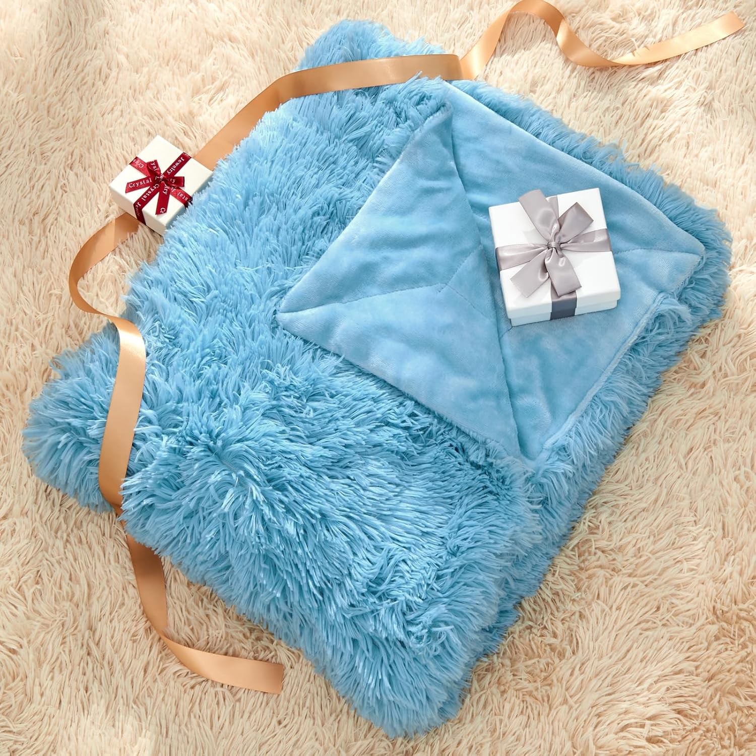 GONAAP Manta mullida de piel sintética, color azul cielo, súper suave y acogedora manta mullida de felpa lanuda para sofá o cama (azul cielo, manta