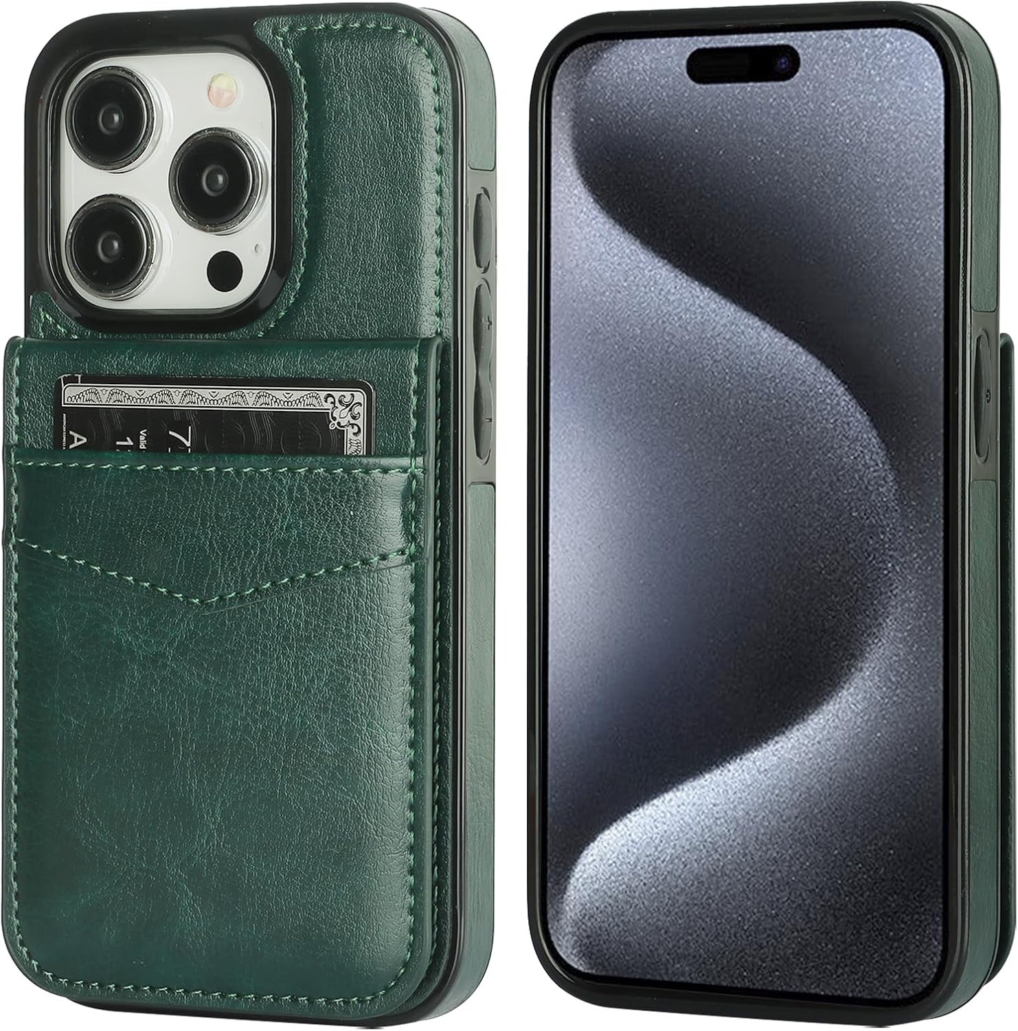 KIHUWEY Funda compatible con iPhone 15 Pro con soporte para tarjeta de crédito, cierre magnético de cuero de alta calidad, función atril, funda