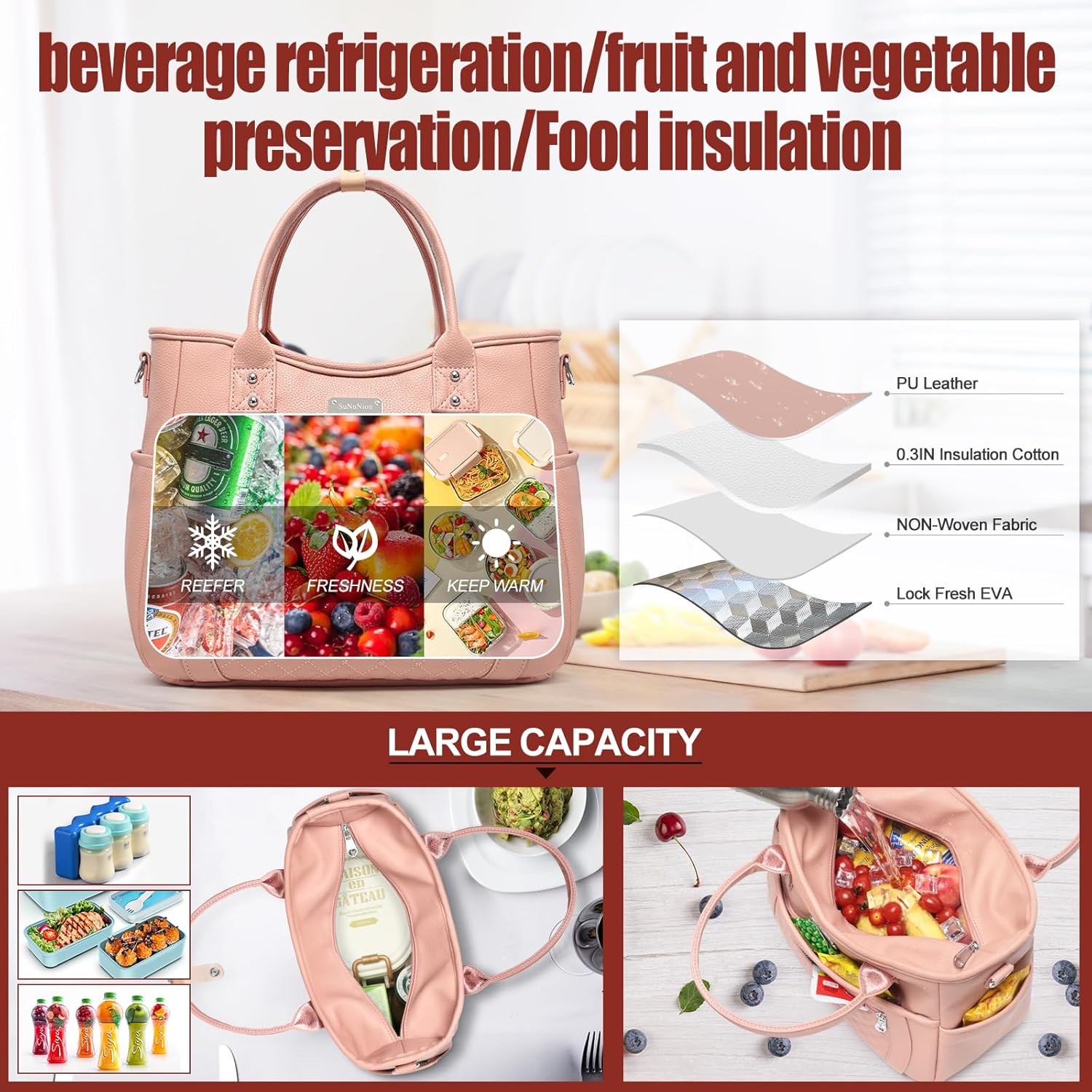 Bolsa de almuerzo para mujer, aislada, a prueba de humedad, de piel sintética, grande, a prueba de fugas, congelable, reutilizable, portátil, para