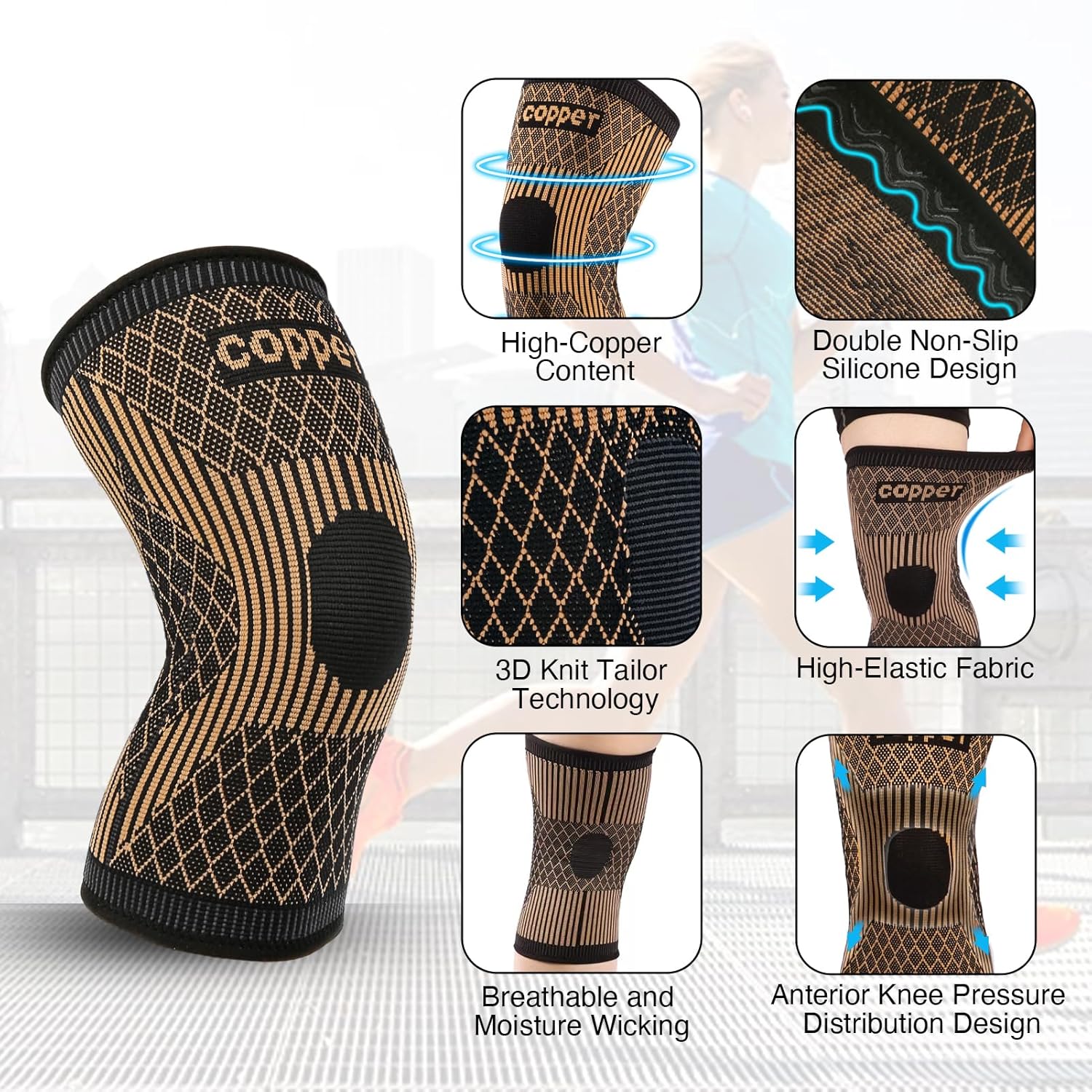Copper – Rodillera de compresión para practicar deportes, entrenar, y aliviar dolores (paquete de 1), m