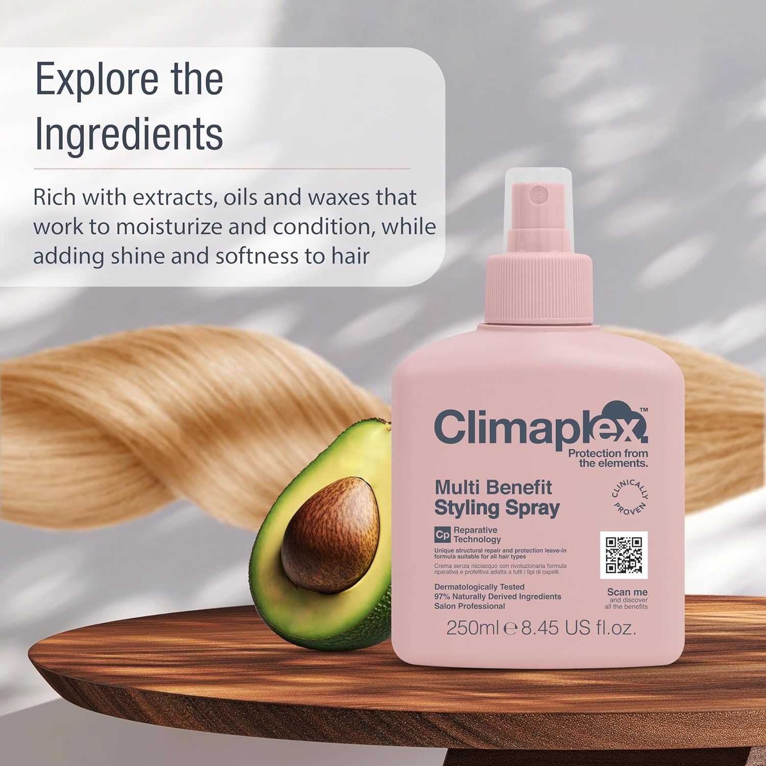 Climaplex Spray de peinado multibeneficio  Control de encrespamiento antihumedad  Ayuda a fortalecer y prevenir daños por calor  Contiene beneficios
