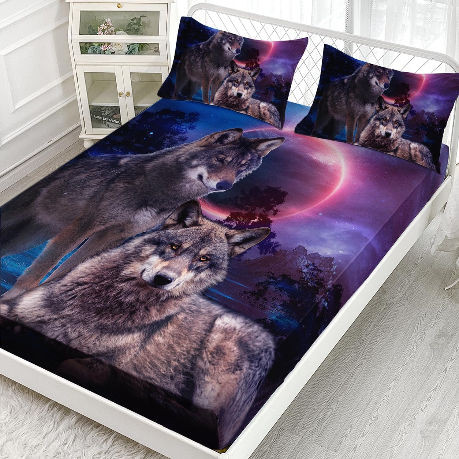 AILONEN Juego de sábanas bajeras de lobo, tamaño individual, juego de sábanas de lobos safari, color marrón, para parejas y lobos, decoración de