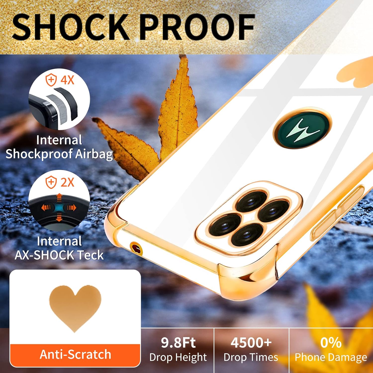 Shorogyt Funda para teléfono Motorola One 5G Ace 2021 (también para una funda de 5G UW Ace), fundas de chapado en oro con patrón de corazones de