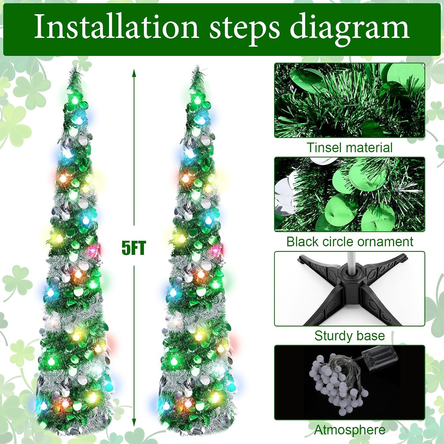 Sosation 2 piezas de árbol de 5 pies para el día de San Patricio preiluminado, árbol plegable artificial, plateado verde, árboles de oropel delgado