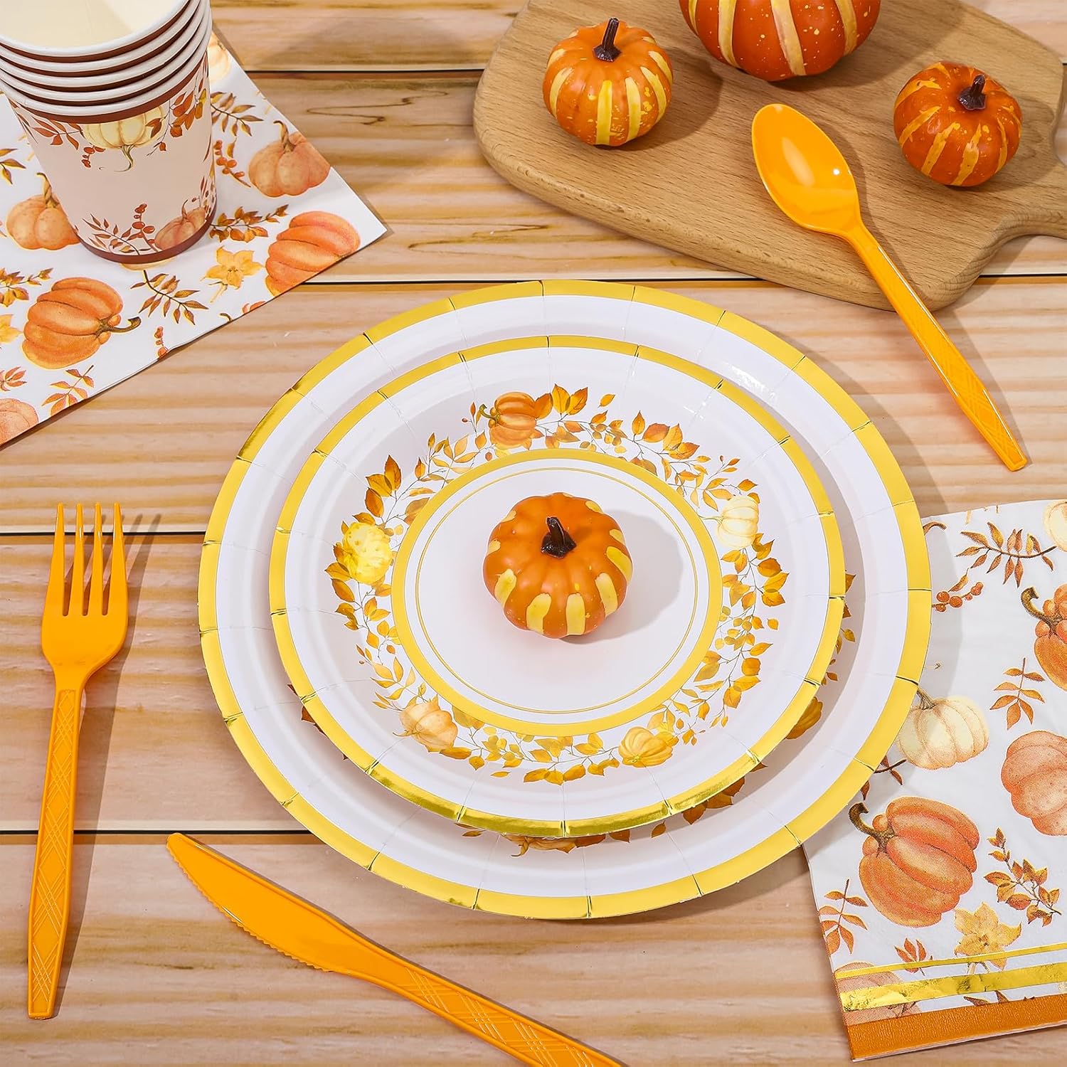 Whaline Juego de vajilla desechable de 175 piezas de otoño para 25 invitados, platos de papel, tazas, cuchillo, tenedor, cuchara y servilletas,