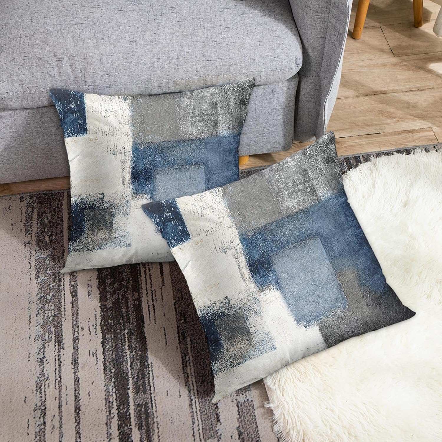 Emvency Juego de 2 fundas de almohada modernas con pintura abstracta azul, blanca y gris, decorativas, para sofá, decoración del hogar, fundas de
