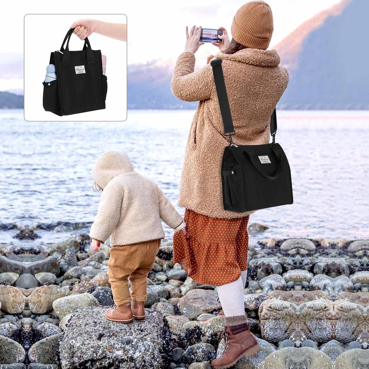 Kamo Bolsas de almuerzo para mujer, bolsa de almuerzo aislada, contenedor para el trabajo, viajes, playa, correa de hombro ajustable