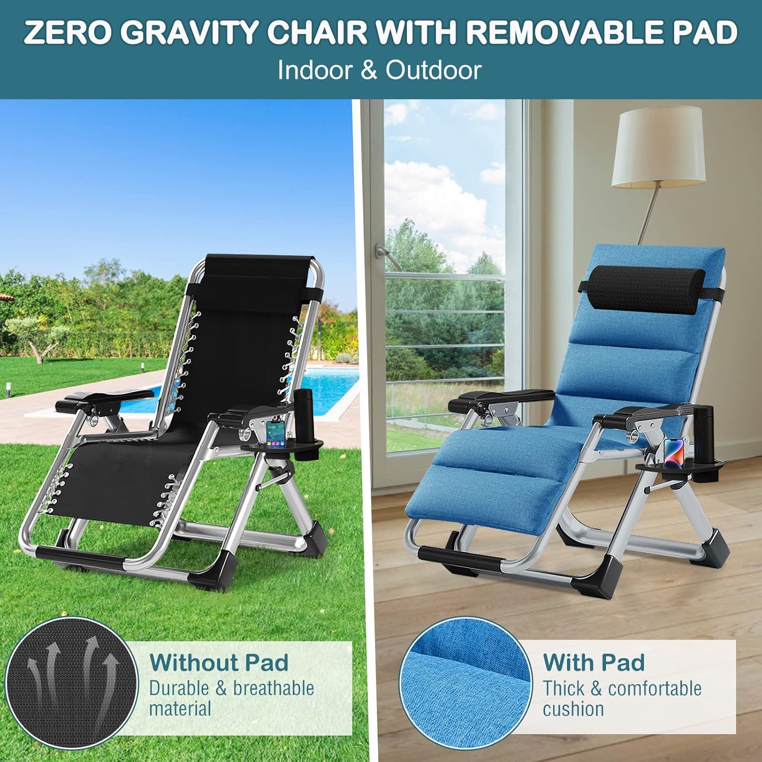 NAIZEA Silla de salón acolchada de gravedad cero, sillas reclinables plegables ajustables con soporte para tazas, sillas reclinables ergonómicas